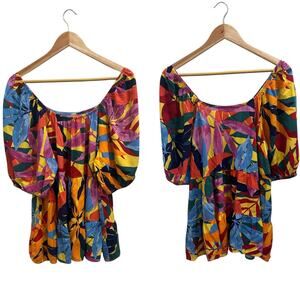 Terra & Sky Multicolor Tropical Leaf Tiered Peasant Blouse Resort Wear Boho 0X